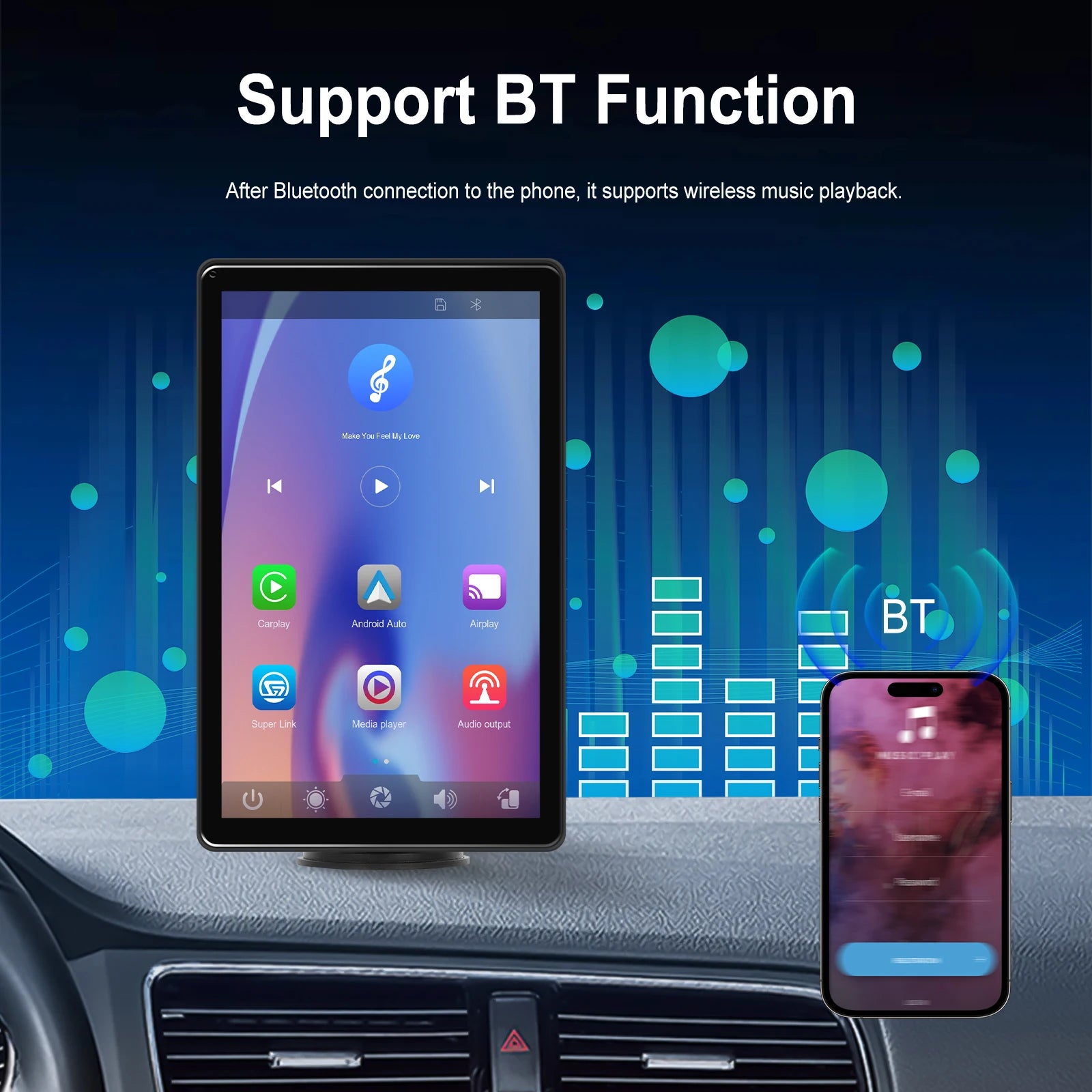 Podofo 8" IPS Screen Carplay Monitor Wireless Carplay Android auto Car Smart Screen Player Bluetooth FM Support Videos Rear Cam